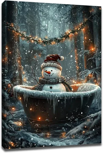 Miniatura 13 de Arte de pared de Navidad para baño, muñeco de nieve de Navidad en la bañera, impresión en lienzo de baño, escena clásica de Navidad, invierno