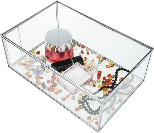 HighFree Caja con tapa de cristal vintage plateada organizador decorativo de recuerdo de joyería caja rectangular transparente pulsera de anillos