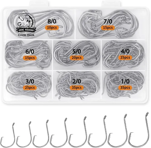 Miniatura 10 de UCEC Anzuelos Circulares Anzuelos de Pesca 2X Fuertes Anzuelos Circulares Descentrados Agua Salada Negro Acero de Alto Carbono Pulpo Bagre Anzuelos