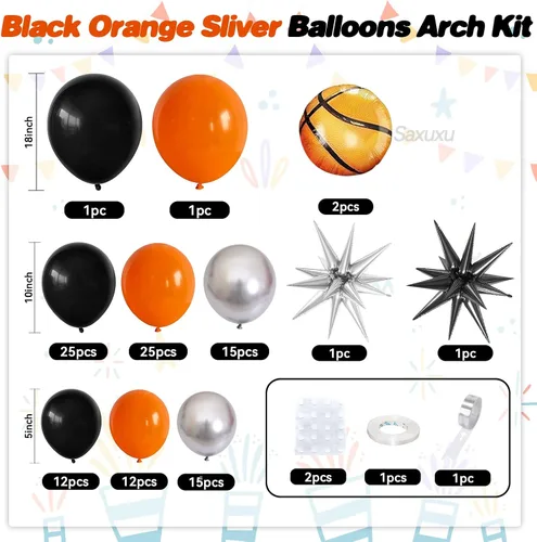 Miniatura 2 de Kit de arco de globos de baloncesto, kit de guirnalda de globos negros y naranjas, globos de estrella plateada de papel aluminio para baloncesto