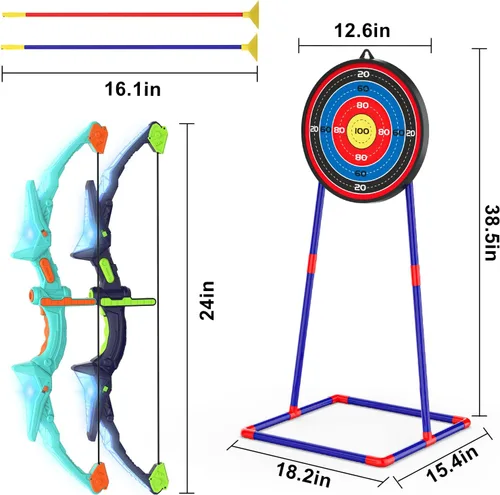 Miniatura 5 de Kmuxilal Paquete de 2 Arcos y Flechas para Niños con Luces LED Intermitentes, 14 Flechas con Ventosa y Diana de Pie Fluorescente - Juego de Tiro
