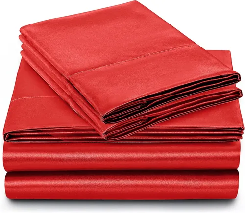 Miniatura 7 de SiinvdaBZX Juego de sábanas de satén de tamaño matrimonial, 4 piezas, ultra sedosas, suaves, de satén rojo naranja con bolsillo profundo, 1 sábana