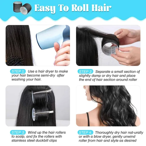 Miniatura 3 de Rulos para el cabello Jumbo, 12 piezas de rulos para el cabello con autoagarre y 12 clips de pico de pato de acero inoxidable para volumen de Negro