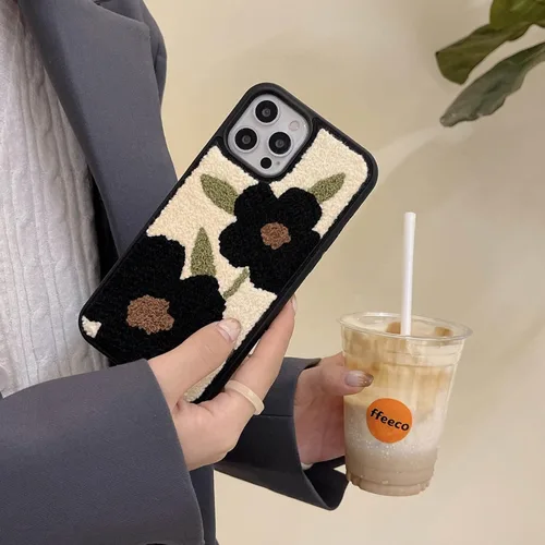 Miniatura 5 de Bonita funda para teléfono compatible con iPhone 14 Pro, diseño femenino retro de flores negras con diseño floral, delgada, suave y esponjosa, Black