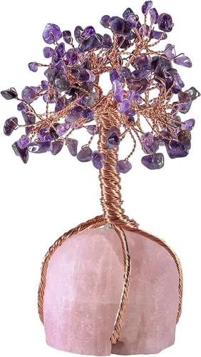 Árbol de cobre de cristal envuelto con base de cuarzo rosa crudo, árbol bonsái para decoración de sala de estar, oficina en casa, amatista