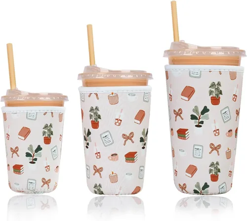 Miniatura 19 de Funda aislante reutilizable para taza de café helado, paquete de 3 fundas de neopreno para bebidas frías y calientes, soporte para bebidas para café
