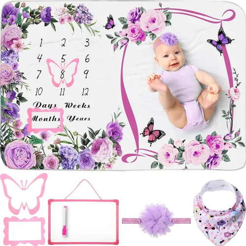 Miniatura 8 de Chumia 6 Piezas Manta de Hitos Mensuales para Bebé Niña 60" x 40" Manta de Hitos de Mariposa Edad Foto Fondo de Fotografía con Calendario para Rosa