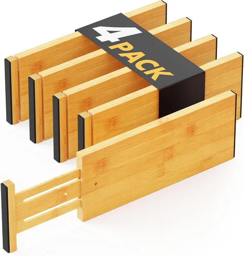 SpaceAid Paquete de 4 separadores de cajones de bambú, 4.65 pulgadas de alto ajustable de 12.5 a 17 pulgadas, organización expandible para ropa,
