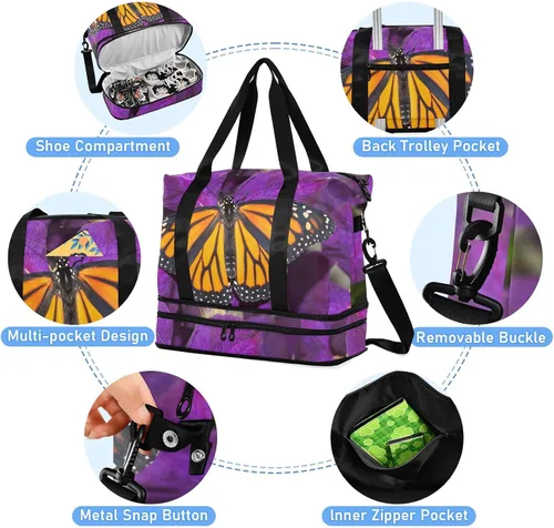 Miniatura 5 de Monarch Butterfly Flower Bolsa de viaje deportiva para hombres y mujeres, bolsa de gimnasio con compartimento para zapatos y correa para el hombro