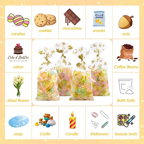 Miniatura 7 de COQOFA 100 bolsas de regalo de celofán de 5 x 11 pulgadas, color dorado, bolsas transparentes para recuerdos de fiesta, bolsas de plástico