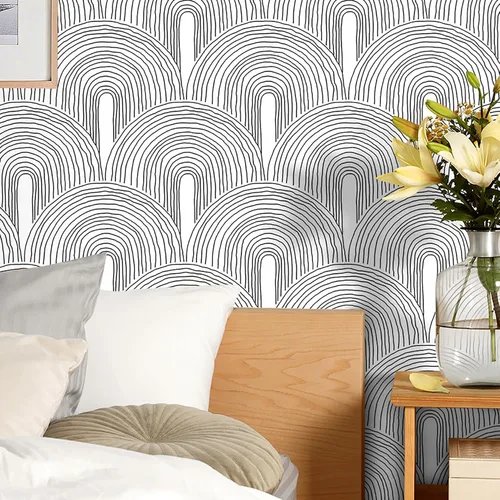 Miniatura 4 de Livelynine - Papel de colgadura adhesivo minimalista en blanco y negro de mediados del siglo moderno, papel tapiz extraíble con acento de arco