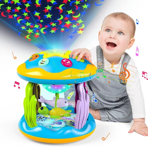 Juguetes para Bebés de 6 a 12 Meses, Proyector Giratorio Musical 4 en 1, Juguetes Infantiles Iluminados para la Hora Boca Abajo de 6-9 12-18 Meses,