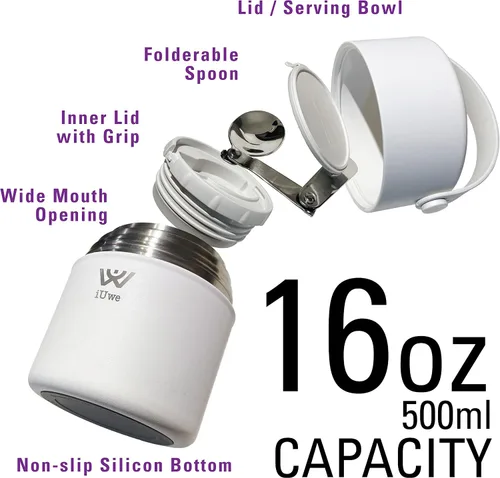 Miniatura 3 de Termo de comida de 16 onzas para comida caliente, para niños, con cuchara. Lonchera térmica pequeña de acero inoxidable 316L, a prueba de fugas