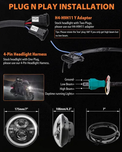 Miniatura 7 de Z-OFFROAD - Faro delantero LED de 7 pulgadas para motocicleta con halo DRL blanco, kit DOT, compatible con Harley Davidson Street Glide Road King