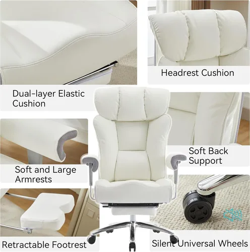 Miniatura 7 de Efomao Silla de oficina grande y alta con reposapiés, silla ejecutiva de respaldo alto de 450 libras con cojín de resorte, tapicería de piel Blanco