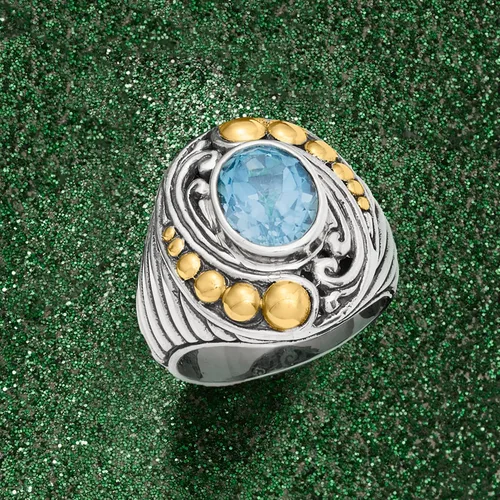 Miniatura 4 de Ross-Simons Anillo estilo Bali de topacio azul cielo de 3.50 quilates en plata de ley y oro amarillo de 18 quilates, Gema, Topacio