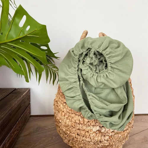 Miniatura 5 de Simple&Opulence Sábana bajera ajustable 100% lino tamaño matrimonial (1 pieza), funda de colchón de 14 pulgadas de profundidad de lino francés Verde
