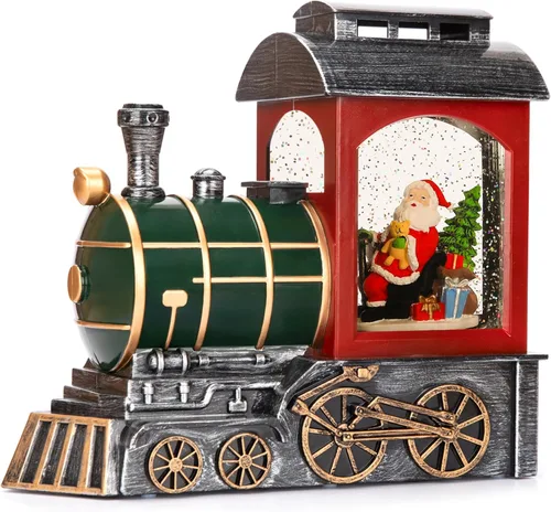 Linterna de globo de nieve de tren rojo de Papá Noel, brillante, globo de nieve musical, decoraciones de Navidad, temporizador de 6 horas, funciona