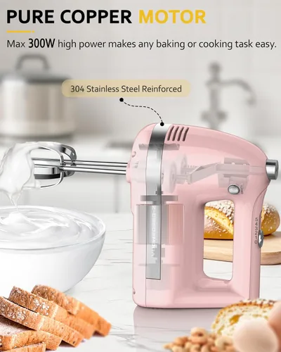 Miniatura 3 de Batidora de mano eléctrica, batidora de mano eléctrica potente de 300W con batidores 304, gancho para masa, batidora de mano con turbo para hornear