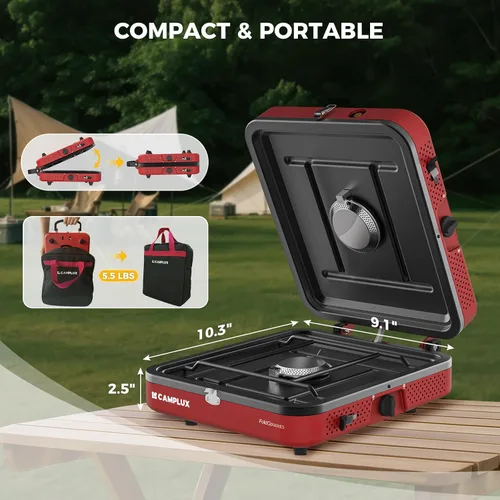 Miniatura 5 de Estufa de camping plegable CAMPLUX FoldGo, 7500 BTU, estufa portátil de gas butano, estufa plegable con cassette con bolsa de transporte y quemador