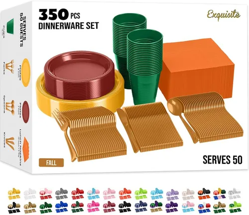 Miniatura 9 de Party Solids 350 Piezas Platos de Plástico Blanco Para Fiestas, Juego de Platos Desechables Blancos, 50 de Cada Juego de Platos para Cena de 9