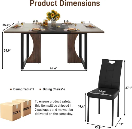 Miniatura 2 de chartustriable Juego de mesa de comedor de 7 piezas para 4, 5, 6 personas, mesa de cocina grande de madera larga de 71 pulgadas con 6 sillas