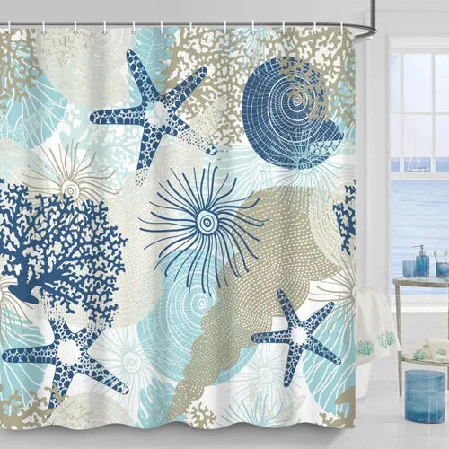 Miniatura 2 de Cortina de ducha náutica costera, cortina de baño con temática de playa y océano, decoración de baño con estrella de mar, coral, concha marina, tela
