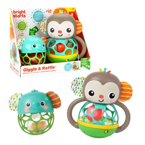 Bright Starts Giggle & Rattle Gift Set - Juguetes musicales y sensoriales para bebés, paquete de 2, elefante y mono, unisex, recién nacido + Set de