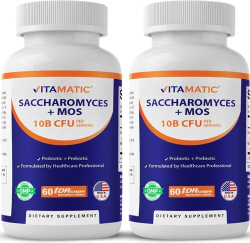 Vitamatic Saccharomyces Boulardii Probiotic 10B por porción + extracto de levadura (fracción de levadura MOS) 300 mg - 60 cápsulas DR - Fabricado en