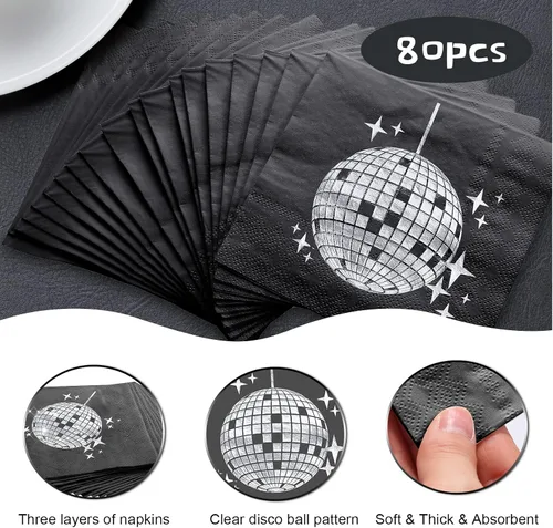 Miniatura 3 de Paquete de 80 servilletas de fiesta de discoteca, servilletas de cóctel de los años 70, 80, 90, suministros de reunión desechables, bola de disco