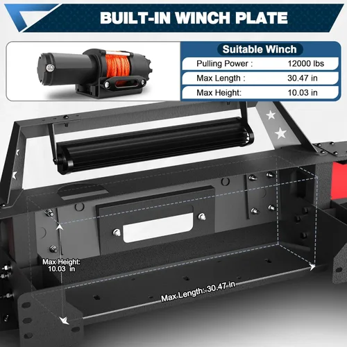 Miniatura 5 de Parachoques delantero Tundra para Tundra 2014-2021, parachoques de acero inoxidable texturizado negro con placa de grúa, barra de luz larga de 144W