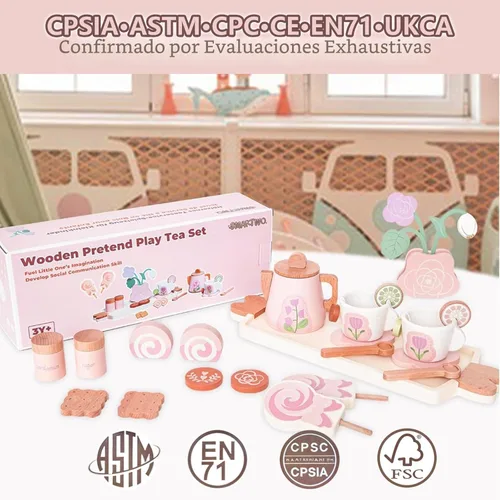 Miniatura 6 de Juego de té de madera para niñas pequeñas, juguete de juego de té con 27 piezas de accesorios de cocina de simulación, juguete de té de princesa