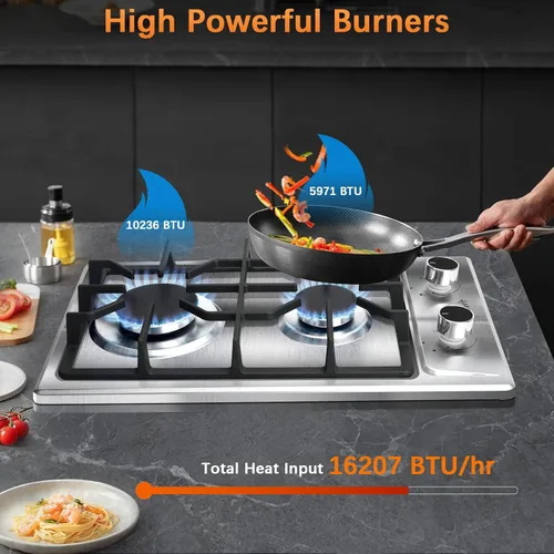 Miniatura 2 de Cocina de gas de 2 quemadores de propano - Estufa de gas de acero inoxidable de 12 pulgadas para combustible dual LPG/GN, quemador de gas portátil