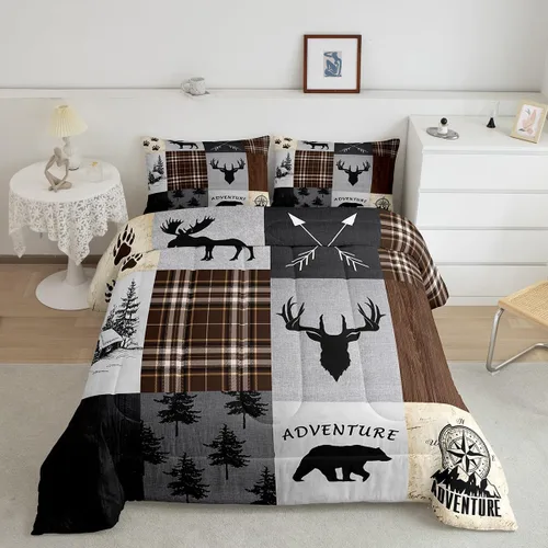 Miniatura 5 de Juego de edredón de cuernos de ciervo tamaño individual, juego de ropa de cama rústica de granja con huellas de oso y pinos para decoración