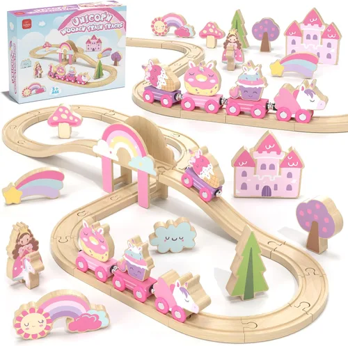 Miniatura 10 de Lehoo Castle Juego de tren de madera, juguetes de construcción para niños de 2 a 4 años, pista de tren de madera para niños con grúa, juguetes