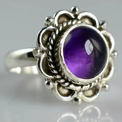Miniatura 5 de Navya Craft Anillo de amatista, plata de ley 925, anillo de promesa para mujer, piedra preciosa redonda de amatista natural, joyería hecha a mano