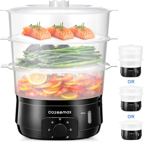 Miniatura 10 de Vaporizador eléctrico de 3 niveles para cocinar, vaporizador de verduras de 13.7 cuartos de galón para cocción simultánea rápida, vaporizador