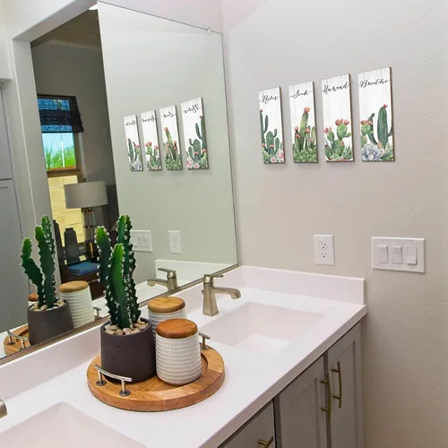 Miniatura 5 de Amyhill 4 piezas de decoración de pared de cactus Relax Soak Unwind Breathe - Decoración de pared de cactus de madera para colgar en la pared