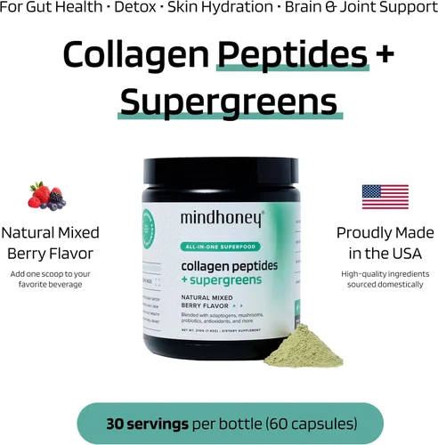 Miniatura 3 de MINDHONEY Péptidos de colágeno + súper verdes Polvo de superalimento todo en uno de primera calidad Salud intestinal, desintoxicación, cabello