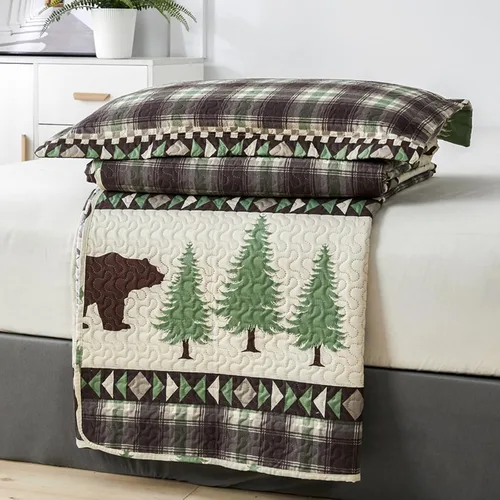 Miniatura 7 de Juego de Edredones Lodge Tamaño King, 3 Piezas Ropa de Cama Rústica de Cabaña con Oso Pardo y Árboles de Pino Verde Colcha Cubrecama Ligero Suave