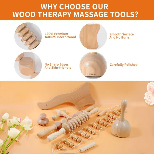 Miniatura 2 de AiRelax Paquete de 7 herramientas de masaje de terapia de madera para moldear el cuerpo, masajeador de celulitis, kit de maderoterapia colombiana, 7