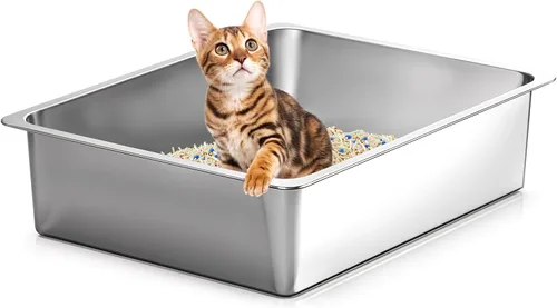 Kirecoo - Caja de arena para gatos de acero inoxidable, bandeja de arena para gatos pequeña de metal con lados altos, bandeja de arena interior,