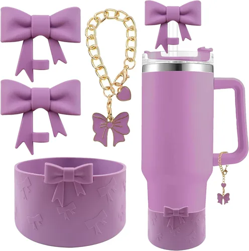 Miniatura 34 de Conjunto de accesorios para taza Hpebl para Stanley, incluye 2 tapas de pajita con moño lindo de 10 mm, tapones reutilizables para pajita, 1 funda