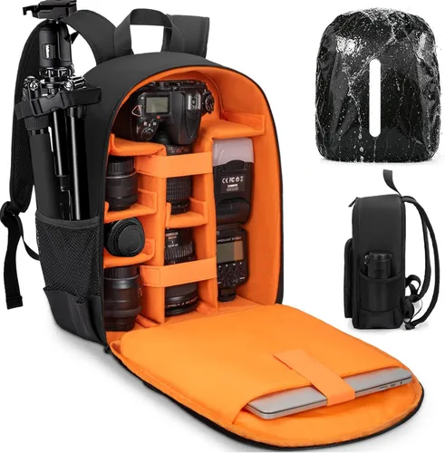 Miniatura 12 de Mochila para cámara DSLR/SLR/sin espejo, funda impermeable profesional para cámara de 11 x 5.9 x 15 pulgadas para fotógrafos, gris, negro, naranja
