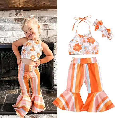 Miniatura 2 de Kupretty Conjunto de ropa de verano para bebé niña, pantalones acampanados para niños pequeños, conjunto de pantalones acampanados con estampado