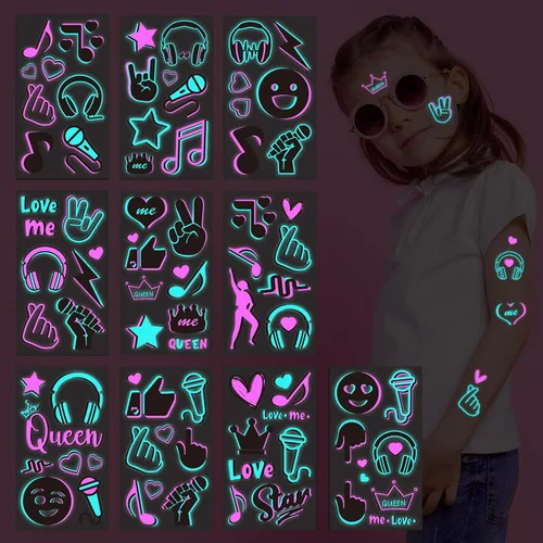 Konsait Tatuajes temporales que brillan en la oscuridad para niños y adultos, 10 hojas de neón para fiestas, tatuajes corporales, tatuajes falsos