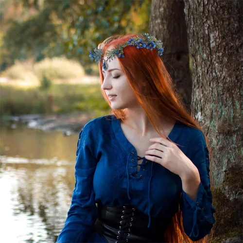 Miniatura 2 de MOSTORY Corona de flores de hada del bosque, tocado floral de elfo azul con tiara de cristal elfo, hecha a mano para mujeres y niñas, diadema