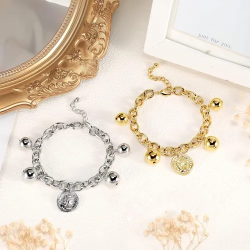 Miniatura 5 de Pulsera gruesa de oro para mujer chapado en oro de 14 quilates, con cierre de bola, moneda, medallón redondo, simple, moderno, apilable, a la moda