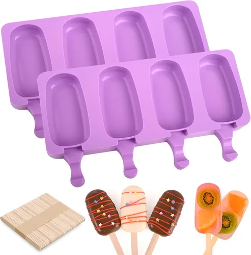 WMKGG Juego de moldes de paletas de silicona, 2 moldes para helados con 50 palos de madera para pastelitos, paletas de hielo, pasteles (Tamaño