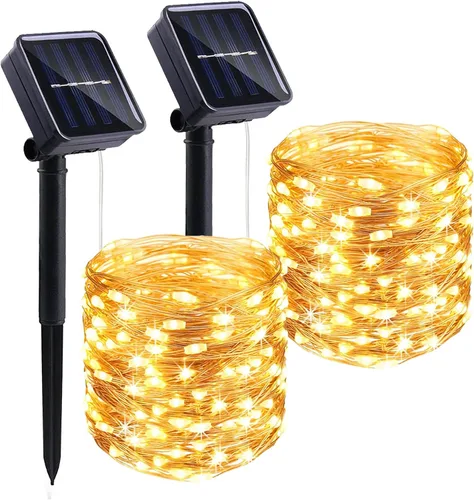 LIGHTOP Guirnalda de luces solares al aire libre, luces de hadas para exteriores, impermeables, de alambre de cobre, paquete de 2, 10.06 m, 100 LED,